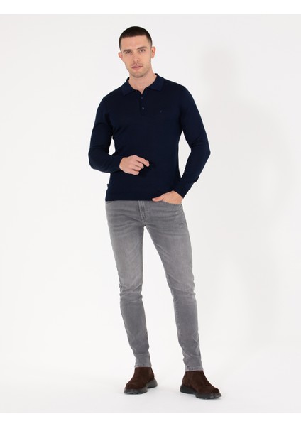 Erkek Lacivert Slim Fit Polo Yaka Yün Karışımlı Basic Triko Kazak 50257322-VR033 modelleri