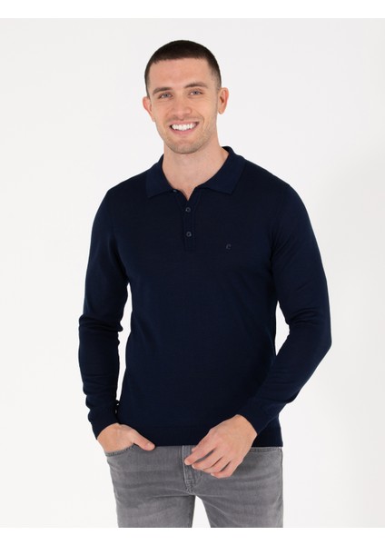 Erkek Lacivert Slim Fit Polo Yaka Yün Karışımlı Basic Triko Kazak 50257322-VR033 fırsatları