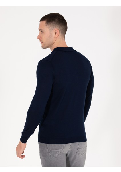 Erkek Lacivert Slim Fit Polo Yaka Yün Karışımlı Basic Triko Kazak 50257322-VR033 indirimleri