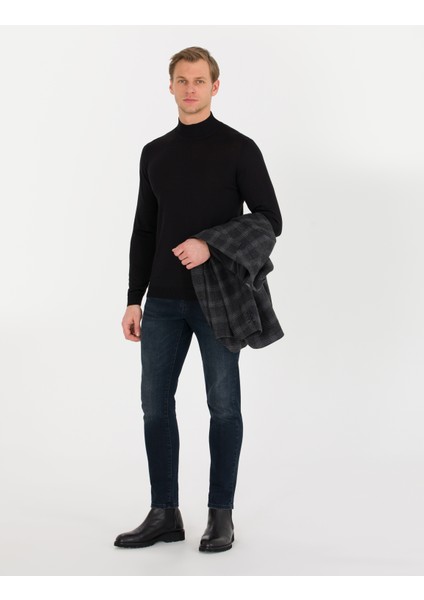 Erkek Siyah Slim Fit Yarım Balıkçı Yaka Yün Karışımlı Basic Triko Kazak 50257313-VR046