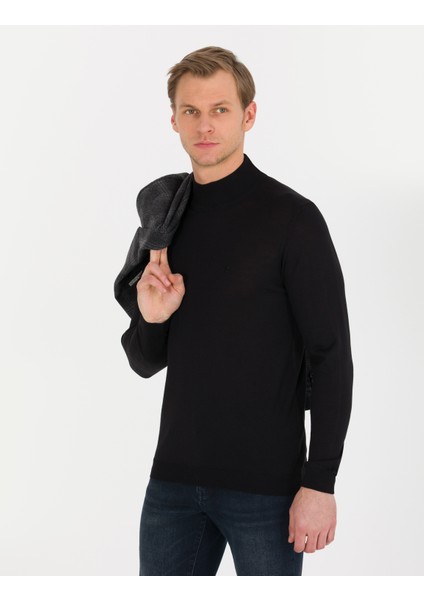 Erkek Siyah Slim Fit Yarım Balıkçı Yaka Yün Karışımlı Basic Triko Kazak 50257313-VR046