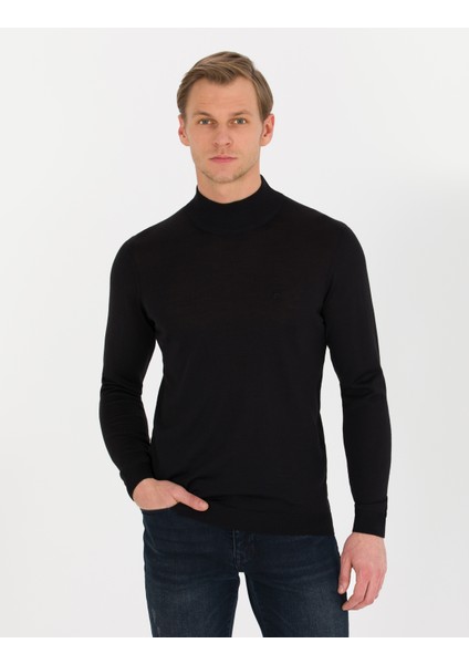 Erkek Siyah Slim Fit Yarım Balıkçı Yaka Yün Karışımlı Basic Triko Kazak 50257313-VR046