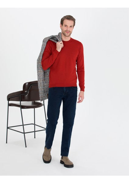 Erkek Kiremit Slim Fit Bisiklet Yaka Yün Karışımlı Basic Triko Kazak 50257301-VR031 fırsatları
