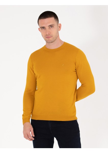 Erkek Safran Slim Fit Bisiklet Yaka Yün Karışımlı Basic Triko Kazak 50257301-VR043