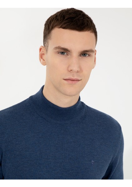 Erkek İndigo Melanj Slim Fit Yarım Balıkçı Yaka Basic Triko Kazak 50256965-VR155