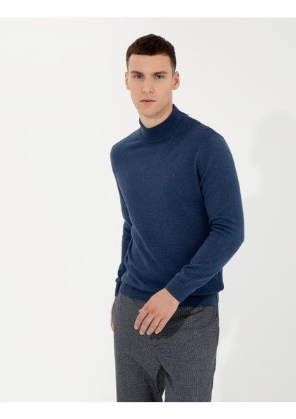 Erkek İndigo Melanj Slim Fit Yarım Balıkçı Yaka Basic Triko Kazak 50256965-VR155 modelleri