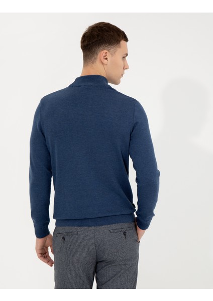 Erkek İndigo Melanj Slim Fit Yarım Balıkçı Yaka Basic Triko Kazak 50256965-VR155 indirimleri