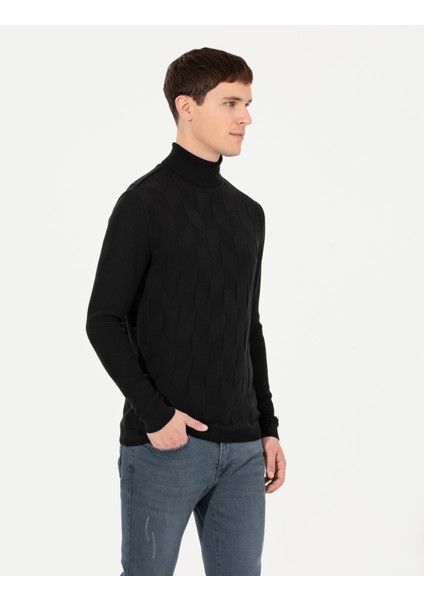 Erkek Siyah Slim Fit Balıkçı Yaka Triko Kazak 50259851-VR046