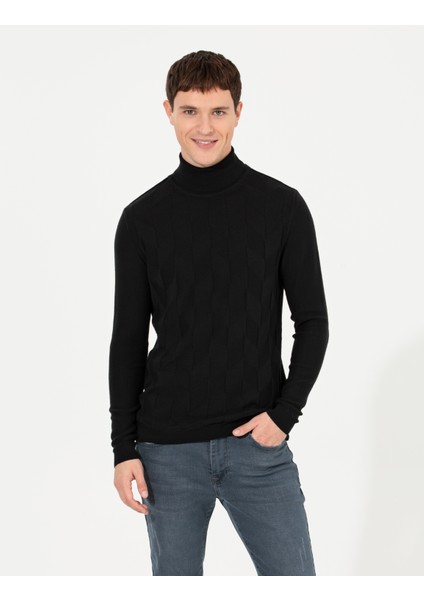 Erkek Siyah Slim Fit Balıkçı Yaka Triko Kazak 50259851-VR046