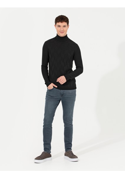 Erkek Siyah Slim Fit Balıkçı Yaka Triko Kazak 50259851-VR046