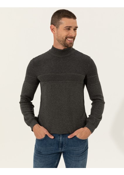 Erkek Gri Melanj Slim Fit Yarım Balıkçı Yaka Triko Kazak 50241465-VR086