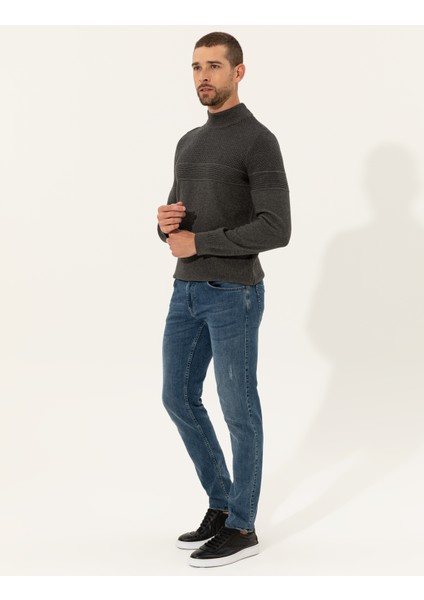 Erkek Gri Melanj Slim Fit Yarım Balıkçı Yaka Triko Kazak 50241465-VR086