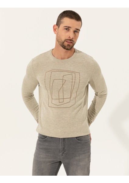 Erkek Kum Melanj Slim Fit Bisiklet Yaka Triko Kazak 50240607-VR123