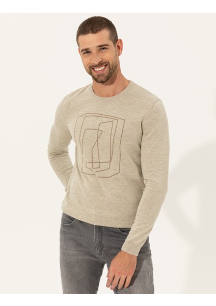 Erkek Kum Melanj Slim Fit Bisiklet Yaka Triko Kazak 50240607-VR123 modelleri