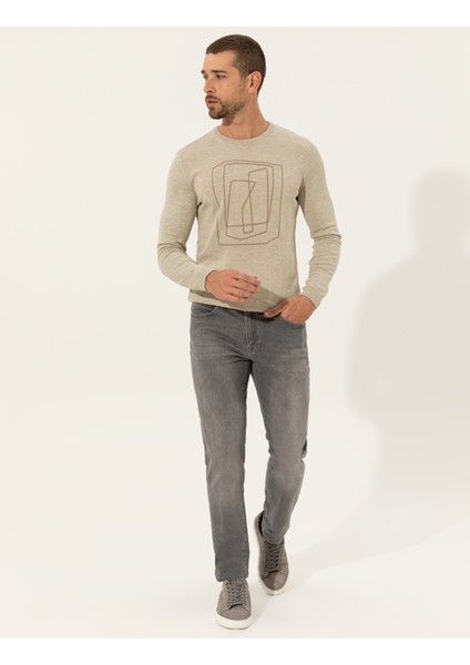 Erkek Kum Melanj Slim Fit Bisiklet Yaka Triko Kazak 50240607-VR123 fırsatları