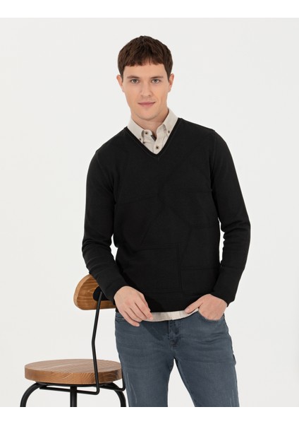 Erkek Siyah Slim Fit V Yaka Triko Kazak 50265423-VR046