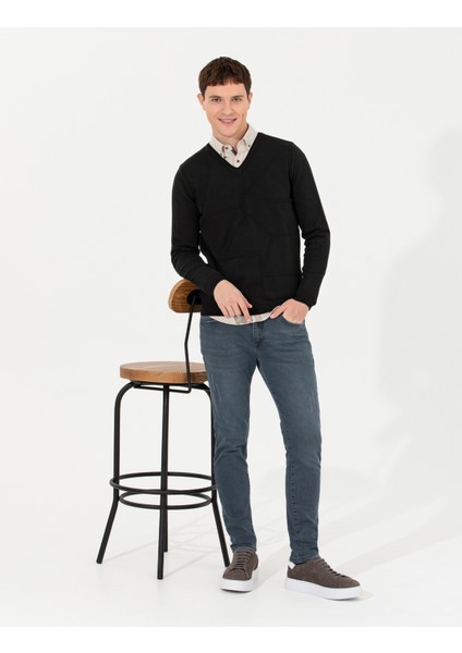 Erkek Siyah Slim Fit V Yaka Triko Kazak 50265423-VR046 fiyatları