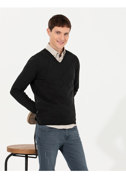 Erkek Siyah Slim Fit V Yaka Triko Kazak 50265423-VR046 modelleri