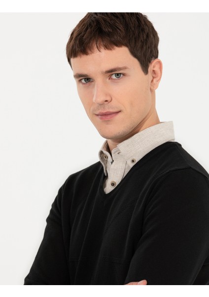 Erkek Siyah Slim Fit V Yaka Triko Kazak 50265423-VR046 fırsatları