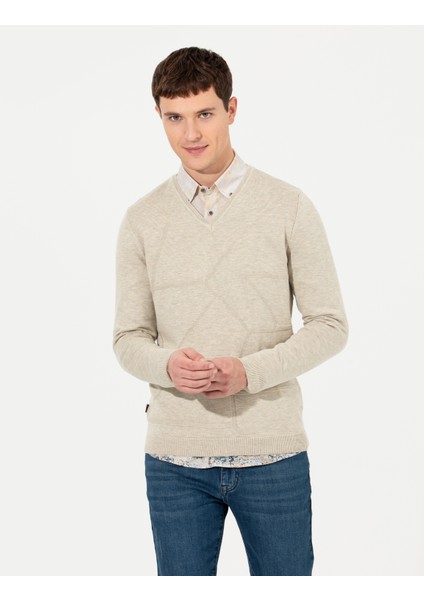 Erkek Kum Melanj Slim Fit V Yaka Triko Kazak 50265423-VR123 fiyatları