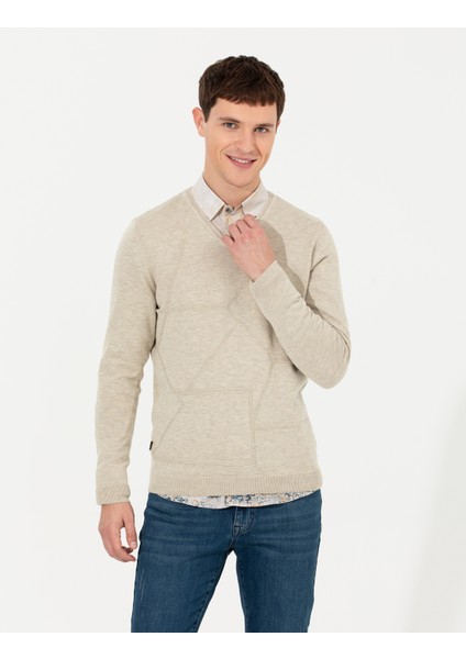 Erkek Kum Melanj Slim Fit V Yaka Triko Kazak 50265423-VR123