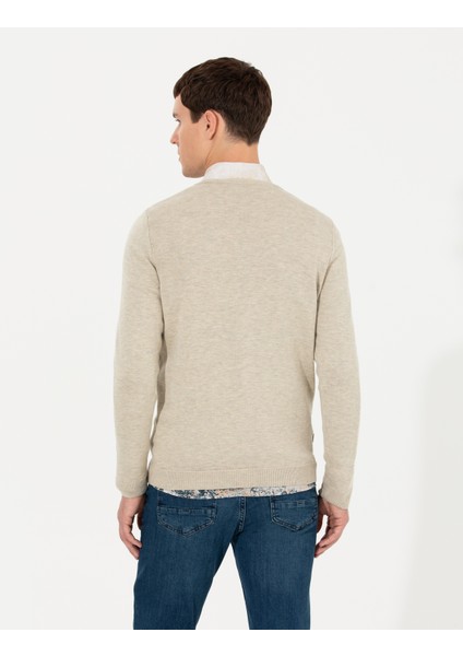 Erkek Kum Melanj Slim Fit V Yaka Triko Kazak 50265423-VR123 modelleri