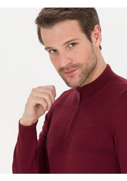 Erkek Bordo Slim Fit Yarım Balıkçı Yaka Triko Kazak 50261367-VR014