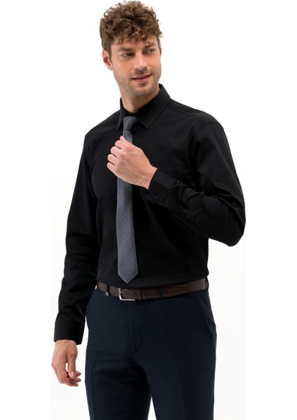 Erkek Siyah Regular Fit Uzun Kollu Klasik Gömlek 50268202-VR046