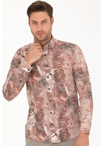 Erkek Açık Kahverengi Slim Fit Uzun Kollu Gömlek 50266599-VR002