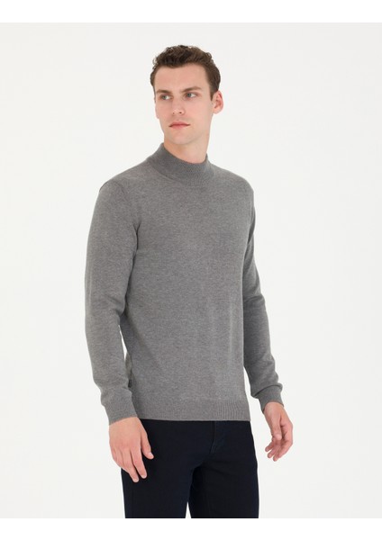 Erkek Gri Melanj Slim Fit Yarım Balıkçı Yaka Basic Triko Kazak 50276161-VR086