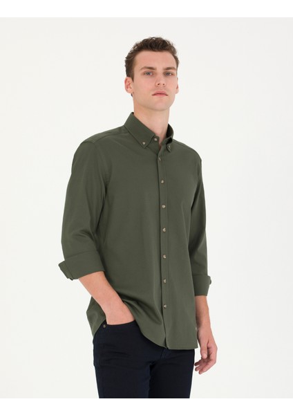 Erkek Haki Regular Fit Uzun Kollu Gömlek 50276553-VR027