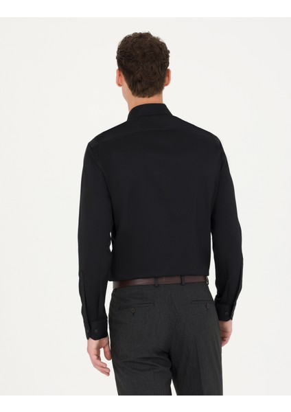 Erkek Siyah Slim Fit Uzun Kollu Basic Gömlek 50277147-VR046