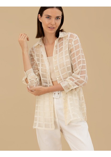 Kadın Krem Transparan Comfort Fit Uzun Kollu Gömlek 50262542-VR071