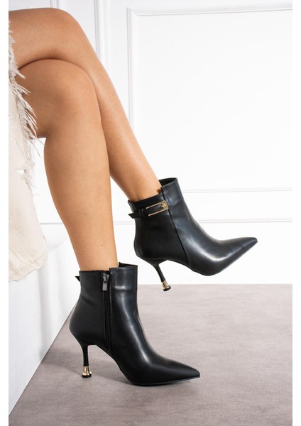 Lovinya Kadın Bot Ince Topuklu Fermuarlı Tokalı Siyah Deri