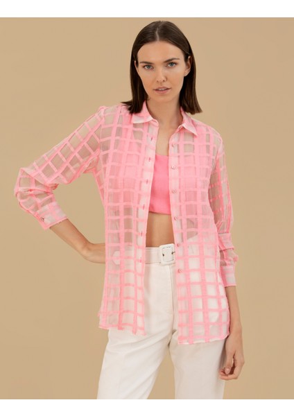 Kadın Pembe Transparan Comfort Fit Uzun Kollu Gömlek 50262542-VR167 modelleri