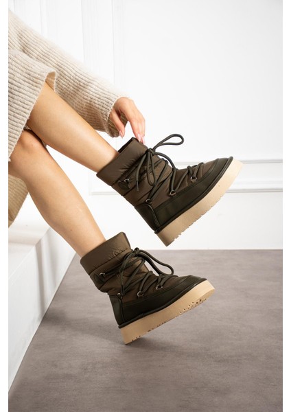 Leonya Kadın Bot Bağcıklı Kar Botu Paraşüt Kumaş Haki