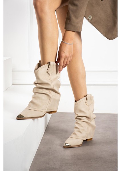 Sasilya Kadın Kovboy Bot Körüklü Burun Demirli Mat Bej Deri