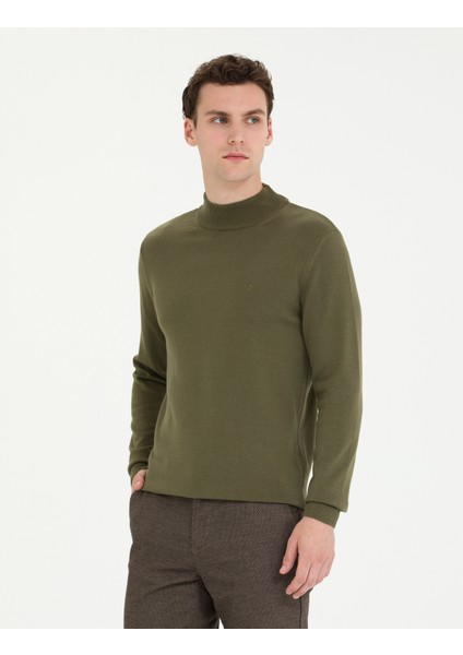 Erkek Koyu Haki Slim Fit Yarım Balıkçı Yaka Basic Triko Kazak 50276161-VR111