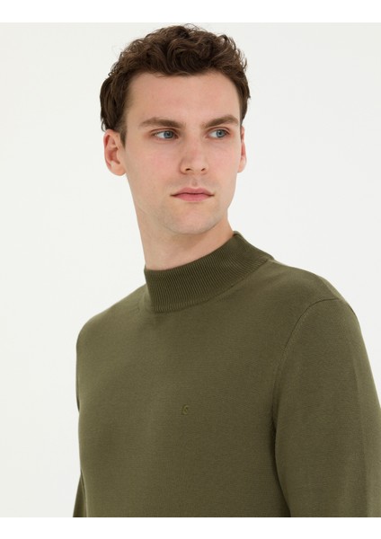 Erkek Koyu Haki Slim Fit Yarım Balıkçı Yaka Basic Triko Kazak 50276161-VR111 fiyatları