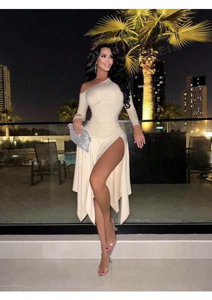 Düşük Omuz & Yırtmaçlı Midi Elbise