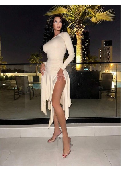 Düşük Omuz & Yırtmaçlı Midi Elbise fiyatları