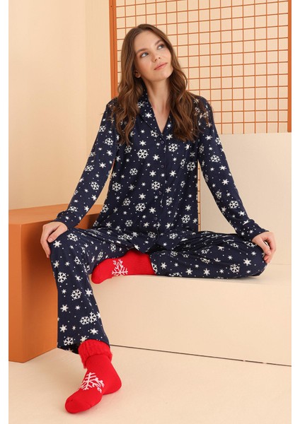 Nbb Kadın %100 Pamuklu Kar Tanesi Baskılı Pijama Takım, Mevsimlik Gömlek Pijama Takım