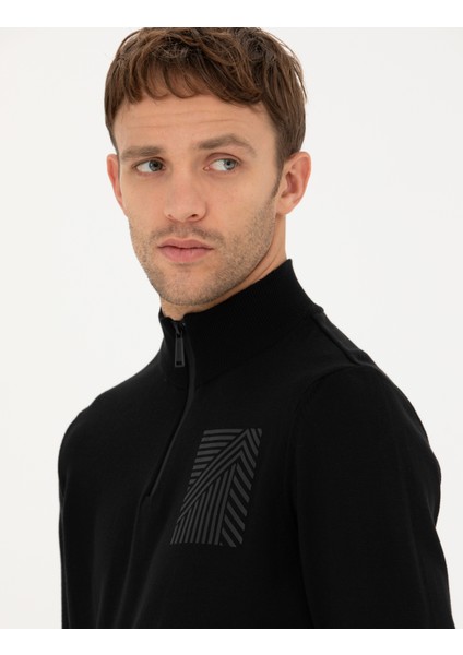 Erkek Siyah Slim Fit Fermuarlı Dik Yaka Triko Kazak 50279431-VR046 fiyatları