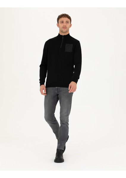 Erkek Siyah Slim Fit Fermuarlı Dik Yaka Triko Kazak 50279431-VR046 fırsatları