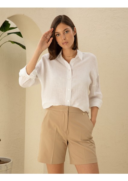Kadın Beyaz Oversize Keten Gömlek 50286968-VR013