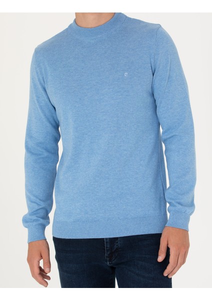 Erkek Mavi Melanj Slim Fit Çeyrek Yaka Basic Triko Kazak 50276158-VR113