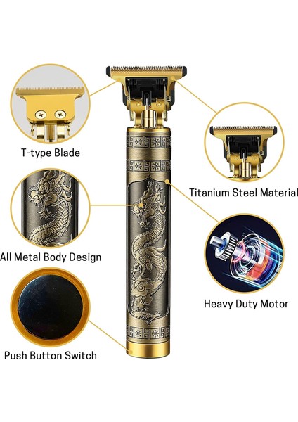 Vintage T9 Dragon Style Metal Gövdeli Saç Kesme Makinesi ve Saç Kesme Makinesi Profesyonel - Şarj Edilebilir Sakal (Yurt Dışından) modelleri