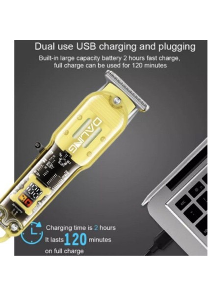Daling DL-1585 USB Şarjlı Profesyonel Saç Kesme Makinesi, Şeffaf Gövdeli ve LED Ekranlı (Yurt Dışından)