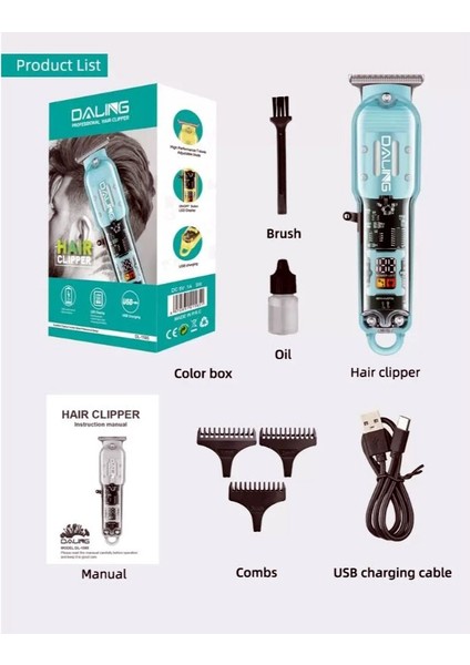 Daling DL-1585 Şeffaf Gövdeli ve LED Ekranlı USB Şarj Edilebilir Profesyonel Saç Kesme Makinesi (Yurt Dışından) indirimleri