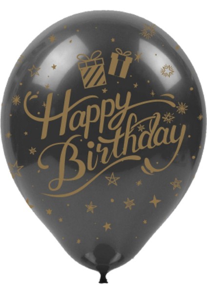 10 Adet Happy Birthday Temalı Siyah Metalik Balon - Çepeçevre Baskılı Balonlar Doğum Günü Kutlamaları Için